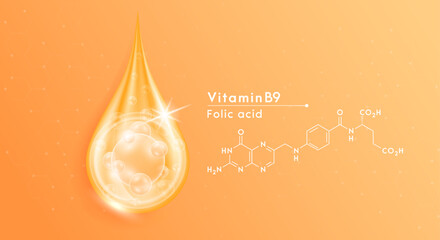 Serum drop water vitamin B9 orange and structure. Vitamins complex with collagen oxygen bubbles. Banner design template skin care cosmetics solution. Beauty medical concepts. 3D Realistic Vector.