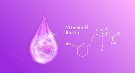 Serum drop water vitamin H purple and structure. Vitamins complex with collagen oxygen bubbles. Banner design template skin care cosmetics solution. Beauty medical concepts. 3D Realistic Vector EPS10.