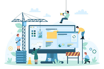website under construction vector illustration. cartoon tiny people build and update structure of si