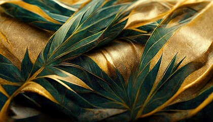 Wall Mural - Gold and green tropical leaves pattern on rough beige fabric closeup. Palm leaves, gold, black. Exotic decor of material for sewing. Floral style, 3d artwork