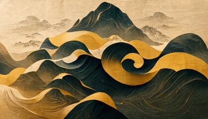 Leinwandbilder - Minimalistic mountain landscape with watercolor brush in Japanese traditional style. Wallpaper with abstract art for prints or covers. 3d artwork