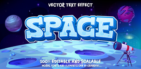 Wall Mural - Space editable text style effect. Editable blue space style font template on blue planet landscape vector illustration. Space background with editable text. Surface of the planet with craters