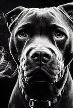 Black And White Photograph Of Dog In Smoke, A Pit Dog That Is Sitting In Front Of A Bunch Of Smoke