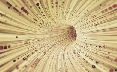 Fototapete - Neon rays virtual flight. 3D illustration of computer code flowing inside cable. High-speed data transmission tunnel. Internet Gateway Data Flow