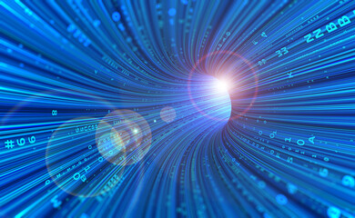 Fototapete - Neon rays virtual flight. 3D illustration of computer code flowing inside cable. High-speed data transmission tunnel. Internet Gateway Data Flow