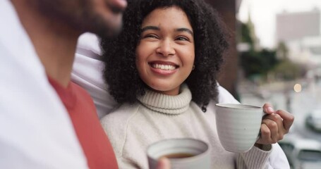 Poster - Coffee, couple communication and winter on home balcony, talking or discussion together with smile. Relax, love and tea with happy interracial man and woman in warm cozy blanket, care and romance.