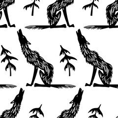 Vector seamless pattern with hand drawn cute black wolf with spruce trees. Ink drawing, graphic style. Beautiful wild nature design elements. Perfect for prints and patterns