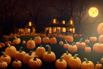 artistic illustration, house on the farm with field covered with pumpkins on the night of the full m