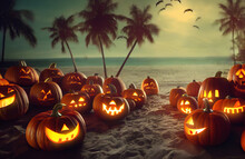 Artistic Painting Of Halloween Pumpkin Party AT The Tropical Beach, Hawaiian Island Style - A Carved Glowing Group Of Pumpkins Jack-o'-lantern Sitting On A Tropical Beach At Sunrise. 3D Illustration