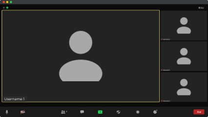 Video conference user interface. Application for social communication. User web video call window. Screen display of a video meeting application. Webinar with black background.