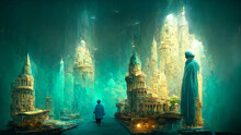 Illustration Of Atlantis, Acient Civilization, History And Mythology, Legend City Sunken Under The Water
