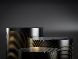 Wall Mural - elegant black cylindrical podiums with gold grooves.