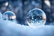 Closeup on a frozen bubble with snowflakes