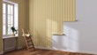 © ArchiVIZ - Empty room with white walls and parquet floor, shits of striped yellow wallpaper on the wall with copy space. Housework concept