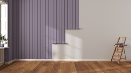 Wall Mural - Empty room with white walls and parquet floor, shits of striped violet wallpaper on the wall with copy space. Housework concept