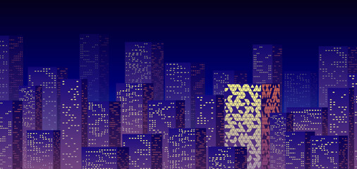 Wall Mural - Neon night in the business city with skyscrapers. Purple highrise cityscape background in 80s style with neon lights in the windows.