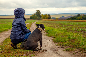 A woman walks her dog in a field after a thunderstorm. Girl with staffordshire terrier in nature on a cloudy day. The concept of freedom, happiness, friendship, nature.