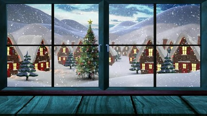 animation of window and snow falling over cottages and christmas tree in winter landscape