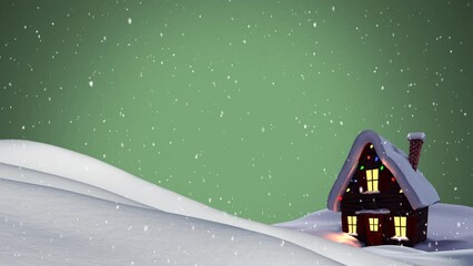 Wall Mural - animation of snow falling over illuminated christmas house in winter night landscape with green sky