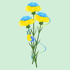 Wall Mural - Yellow-blue carnations with a ribbon on a green background.