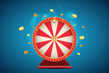 Vector Illustration Spinning Fortune Wheel With Golden Flying Coins On Blue Abstract Background. Realistic 3d Lucky Roulette.
