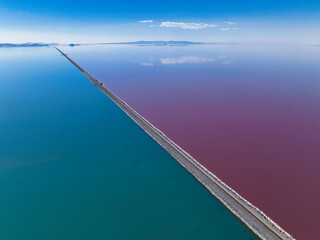 Road Split Red and Blue Water Great Salt Lake