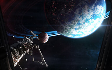 Wall Mural - deep space planets, space station. view from porthole. science fiction. elements of this image furni