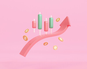 Wall Mural - 3d render arrow trading growth stock chart with coins on pink background. business investment and banking finance. success market stock currency concept. 3d rendering illustration minimal style.