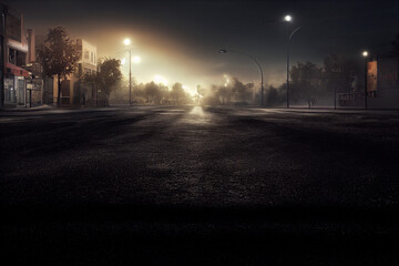 Black asphalt road and empty dark street scene background. Cracked asphalt and curve road.Road lines. Digital art