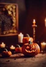 Vertical Shot Of Beautiful Halloween Scenery With A Pumpkin And Candles