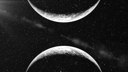 Wall Mural - 3d animation with approaching planets. motion. collision of parallel planets on background of space 