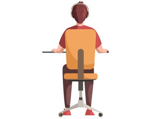 Wall Mural - man working on computer at desk. back view of guy sitting on chair at workplace. office employee dur