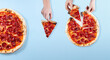 Photo of a delicious pepperoni pizza with your hands on it. In advance. Place for text.