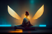 Angel Woman With Wings Meditation Yoga To Control A Relaxing State Of Mind.