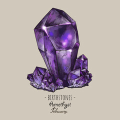 Vintage birthstones, Amethyst gemstone, February magic illustration