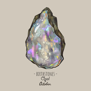 Vintage birthstones, Opal gemstone, October magic illustration
