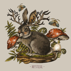 Poster - Mystical hare with horns. Vintage wicca illustration, fantasy creature