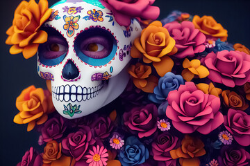 Traditional Calavera, Sugar Skull decorated with flowers. The day of the dead. 3D illustration.