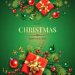 © Yulia Ogneva - Square banner with gold and red Christmas symbols and text. Christmas tree, gifts, golden tinsel confetti and snowflakes on green background. Header for website template.