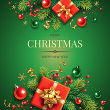 Square Banner With Gold And Red Christmas Symbols And Text. Christmas Tree, Gifts, Golden Tinsel Confetti And Snowflakes On Green Background. Header For Website Template.
