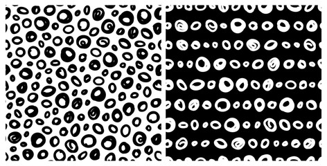 Wall Mural - Set of monochrome, hand drawn random and horizontal circles seamless repeat pattern. Vector, scribbled round geometrical shapes all over surface prints in black and white.