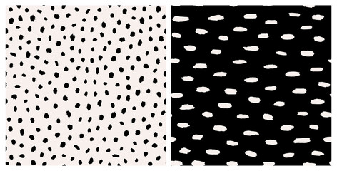 Wall Mural - Set of monochrome, abstract polka dot and stroke lines seamless repeat pattern, Irregular, hand drawn round geometrical shapes all over surface print in black and white.