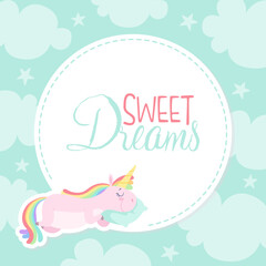 Sticker - Cute Unicorn Card with Pretty Pony Sleeping on Pillow with Sweet Dreams Inscription Vector Template