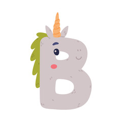 Poster - Unicorn Cute Alphabet Letter B with Smiling Face and Twisted Horn Vector Illustration