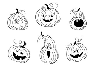 Wall Mural - One line hand drawn Halloween emoticon pumpkins set. Jack o Lantern. Halloween in various shapes, funny faces isolated on white. Vector collection of cute pumpkins. Doodles for logo, poster, emblem