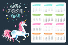 Cute 2023 Year Calendar With Running Unicorn And Stars On Black Background. Lettering "Happy 2023 Year". Cartoon Character. Childish Horizontal Vector Organizer