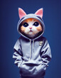 Portrait of a Cute little kitty cat . Posing at a photoshoot in Hiphop clothes with a colored background