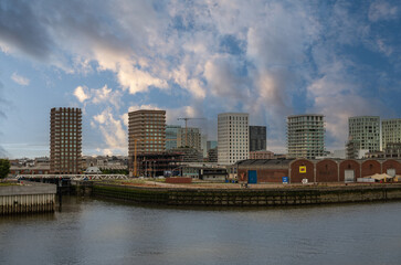 antwerpen, flanders, belgium - july 10, 2022: along scheldt river. line of 5 tall condominium towers