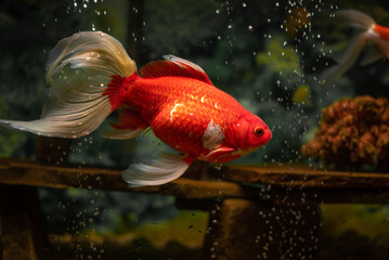 Goldfish with dark orange scales and flowy white fins in a home fish tank aquarium