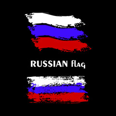 Flag of Russia. Russian national flag. Grunge brush stroke on black background. Abstract creative painted flag of country